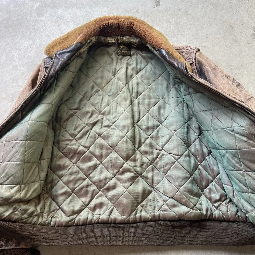 Vintage 40s Horsehide Leather Flight Jacket Talon Zip Mouton Collar 22x22.5 - Picture 8 of 9